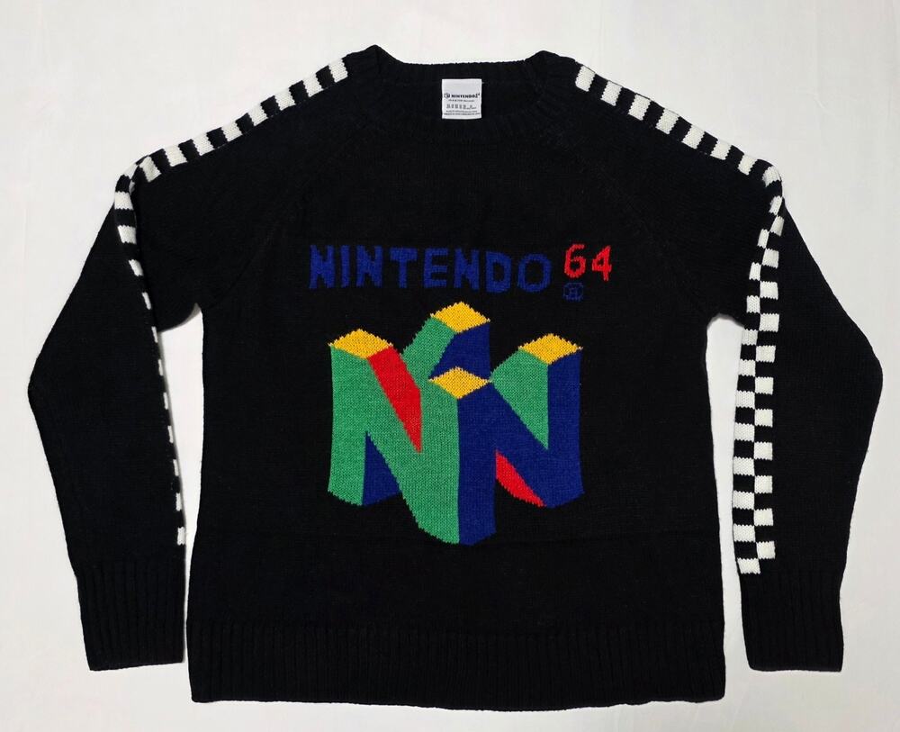 Nintendo 64 Retro Knit Sweater Size M Black Checkered Sleeve Graphic Pullover